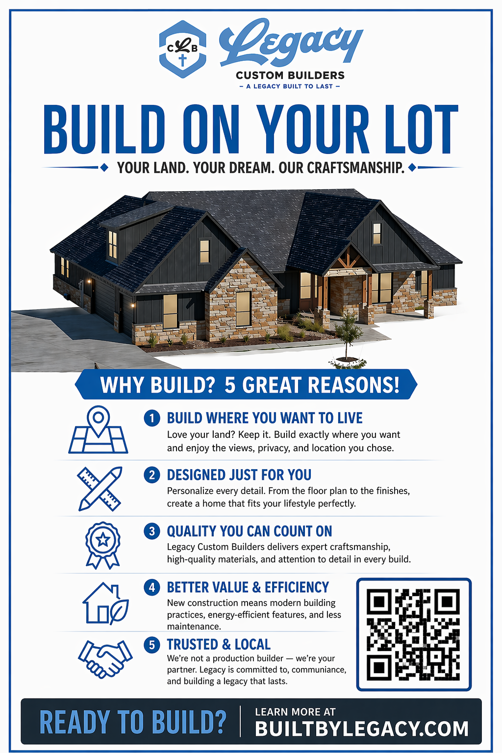 Legacy Custom Builders Build On Your Lot brochure — five reasons to build on your own land