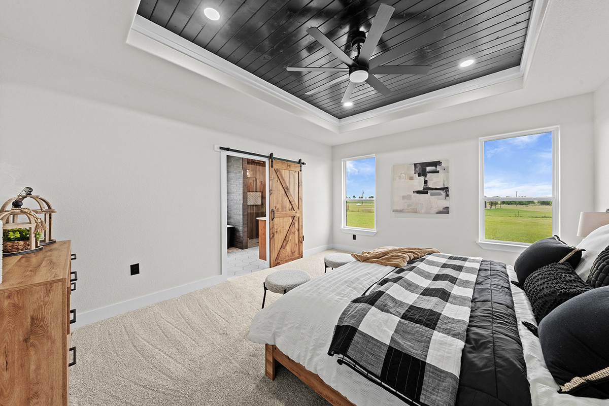 Primary bedroom with tray ceiling, barn door and pasture views