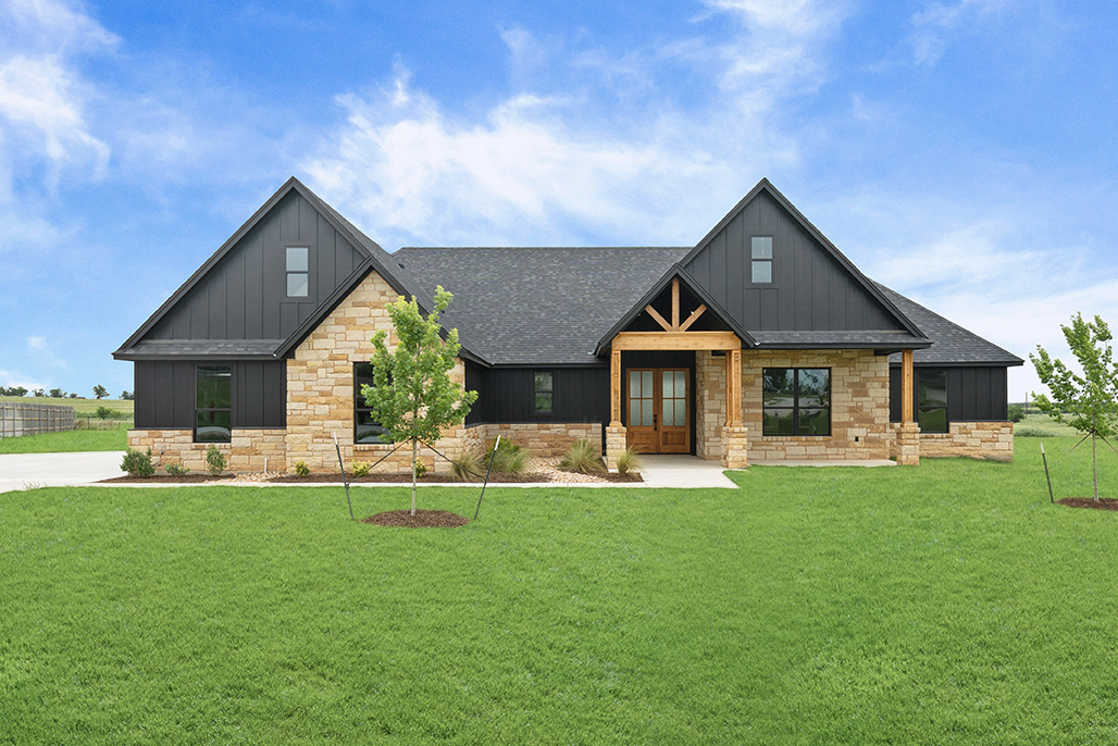 1020 Inka — black board-and-batten and Texas limestone custom home exterior