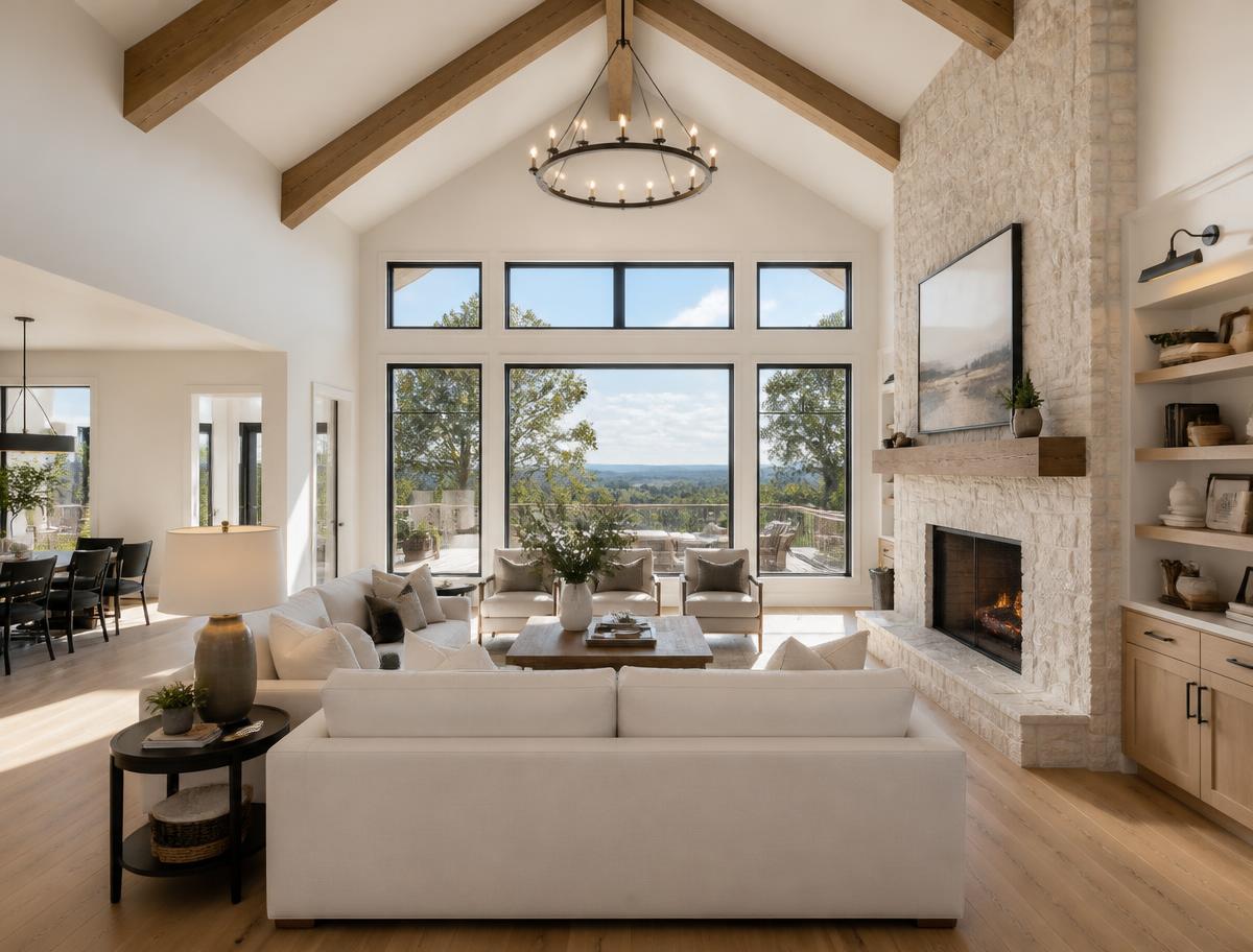 Custom home interior with vaulted ceiling and wood beams