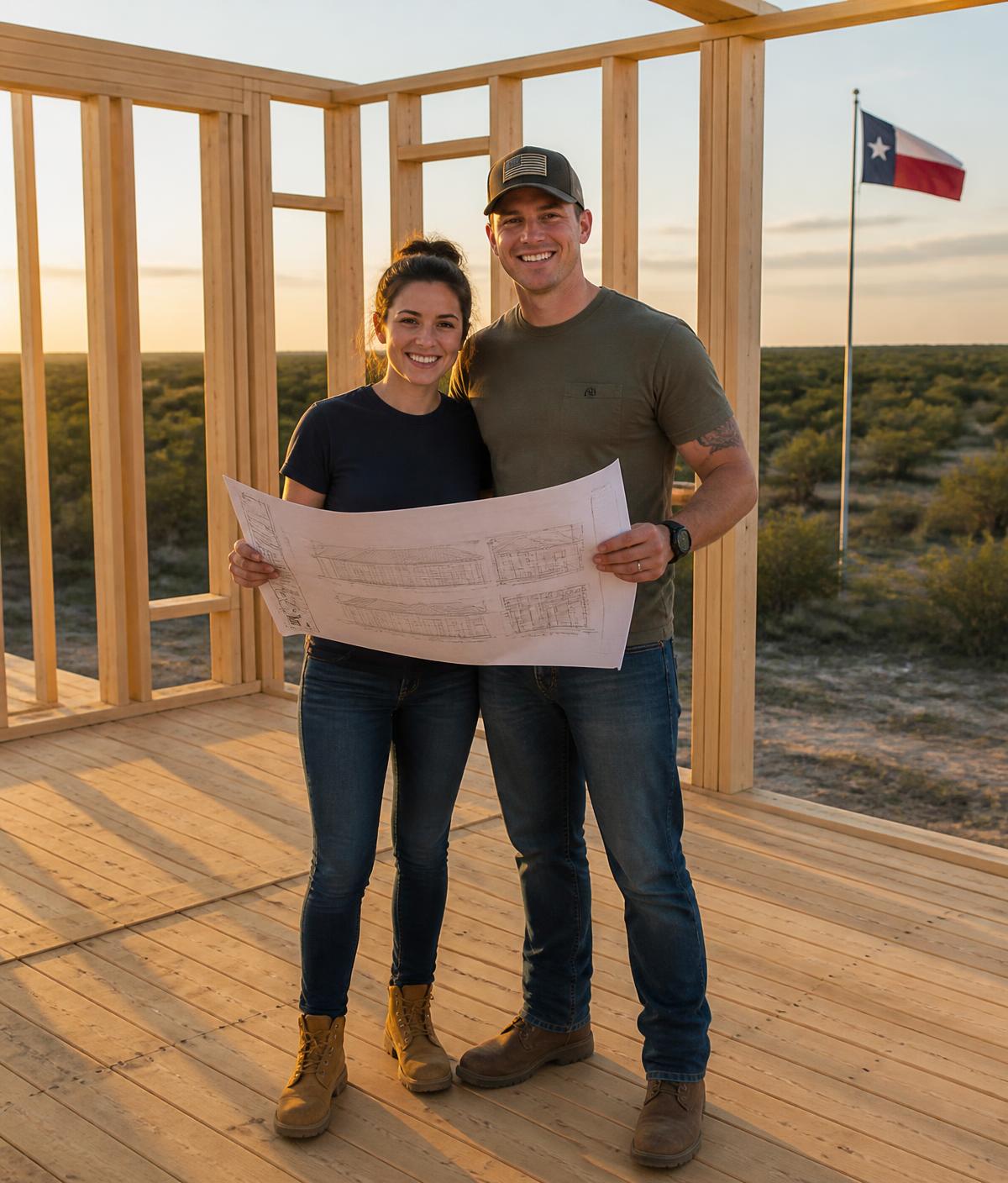 Veteran couple holding blueprints on the deck of their home under construction